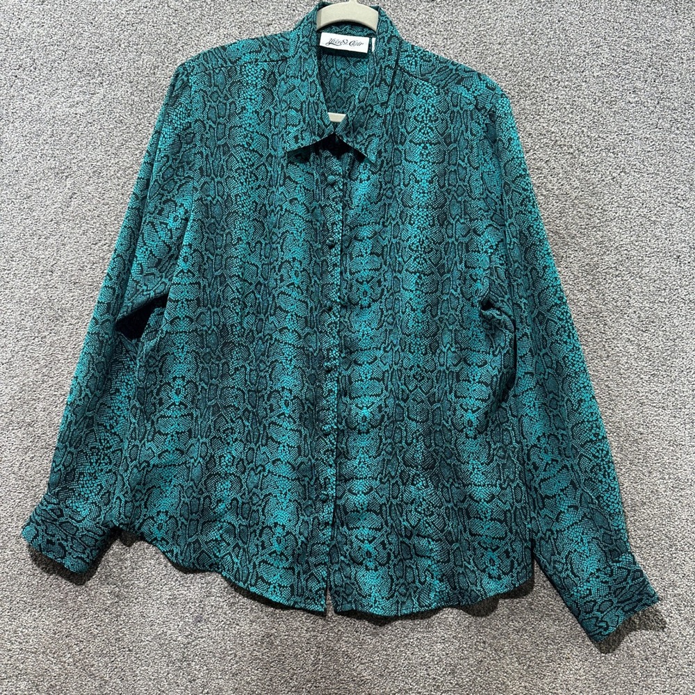 Vintage Yves St. Clair Button Up Blouse Top Size 18 Green Snakeskin Print Office
